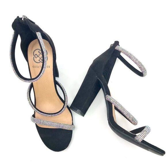 Daisy Fuentes RYATT Black Fabric Rhinestone Sparkle Heeled Sandals - Picture 5 of 16